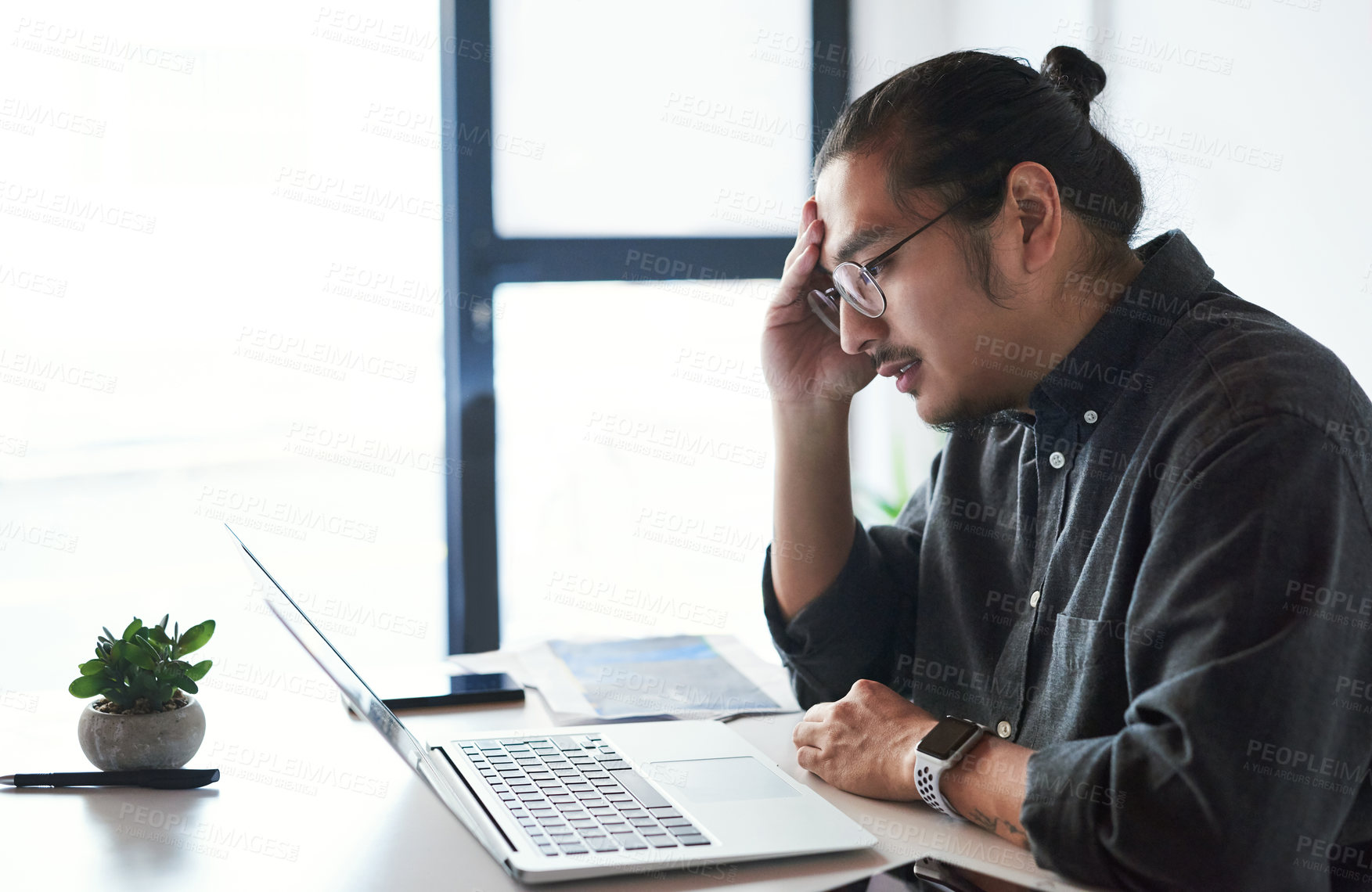 Buy stock photo Asian man, headache and laptop mistake in office, stress and 404 error or burnout for bankruptcy. Male person, glasses and frustrated for proposal or project, depression and anxiety for business