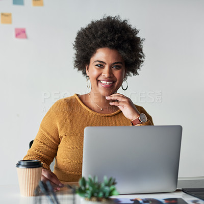 Buy stock photo Portrait of an attractive young businesswoman feeling cheerful while working in her office