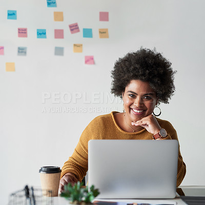 Buy stock photo Portrait of an attractive young businesswoman feeling cheerful while working in her office