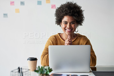 Buy stock photo Portrait of an attractive young businesswoman feeling cheerful while working in her office