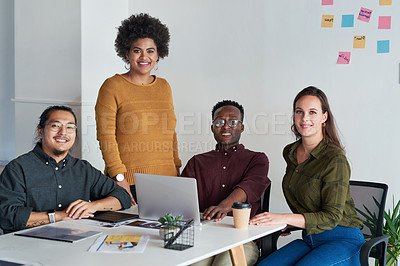 Buy stock photo Portrait of group of young businesspeople posing together at work