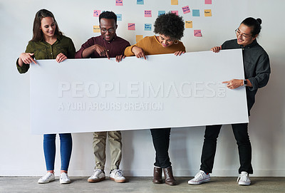 Buy stock photo Business, creative and staff with a poster, mockup and opportunity with ideas, teamwork and collaboration. Group, employees or coworkers with banner, paper and ideas for promotion, choice or decision