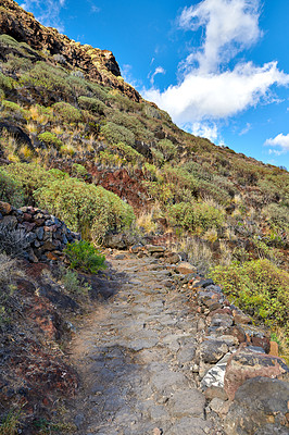 Buy stock photo Mountain trails on La Palma, the west coast, Canary Island, Spain, Aerial view