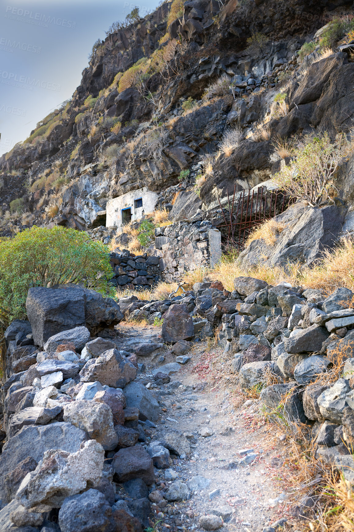 Buy stock photo Mountain trails on La Palma, the west coast, Canary Island, Spain, Aerial view