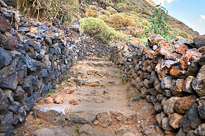 Buy stock photo Mountain trails on La Palma, the west coast, Canary Island, Spain, Aerial view