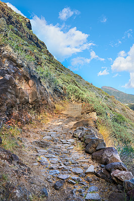 Buy stock photo Mountain trails on La Palma, the west coast, Canary Island, Spain, Aerial view