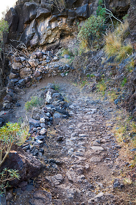 Buy stock photo Mountain, travel and trail with natural scenery for hiking path for outdoor adventure or exploration. Empty, environment or ground with nature, slope or rocks by walkway for trekking journey in Spain