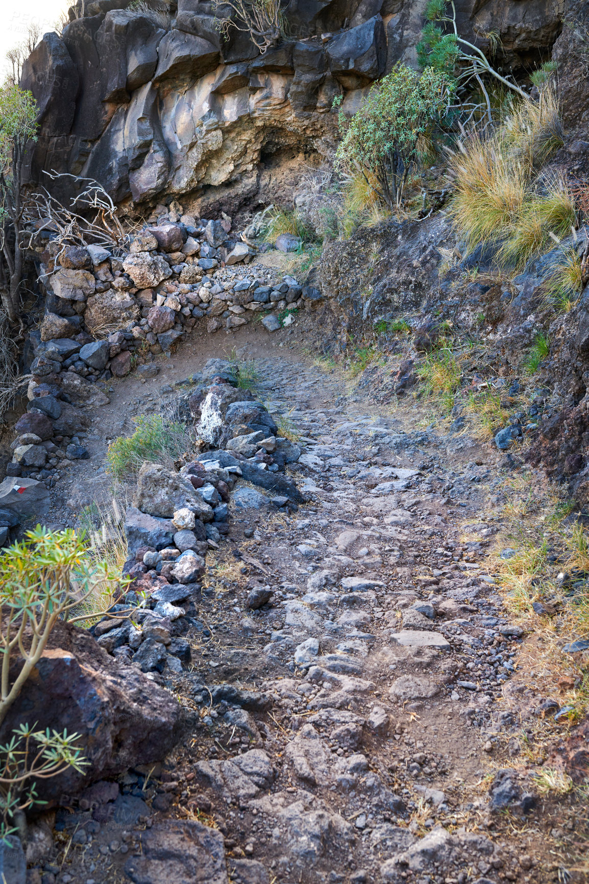 Buy stock photo Mountain trails on La Palma, the west coast, Canary Island, Spain, Aerial view