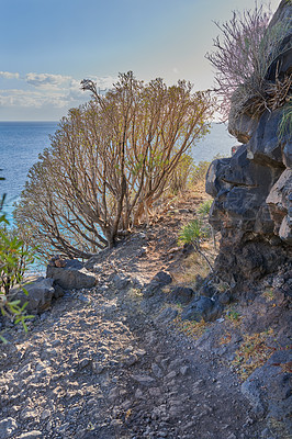 Buy stock photo Mountain trails on La Palma, the west coast, Canary Island, Spain, Aerial view