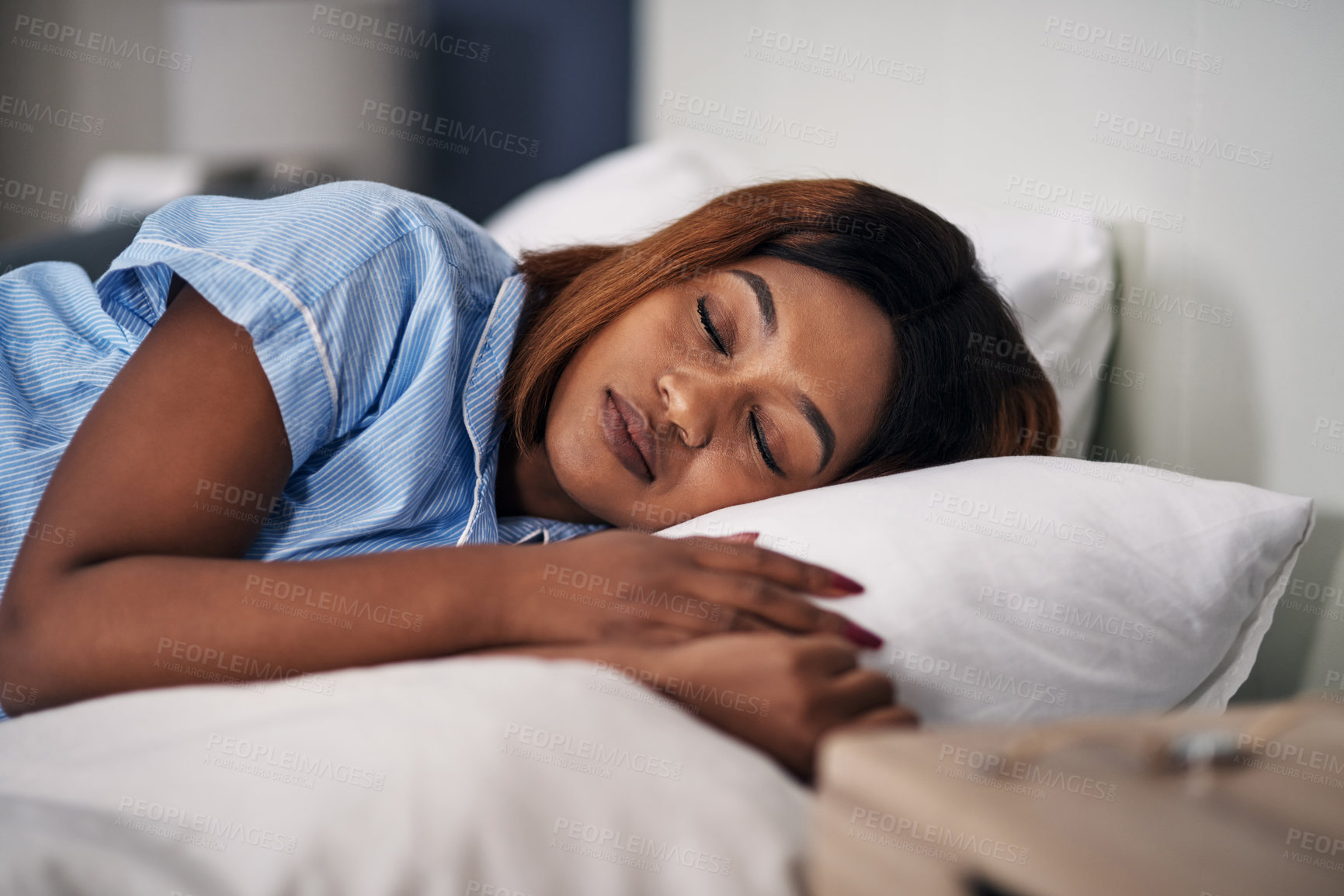 Buy stock photo Black woman, bed and sleeping relax in home for healthy wellness or tired nap for morning, fatigue or pillow. Female person, duvet and peaceful dreaming in apartment or lazy, stress relief or resting