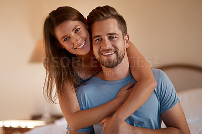 Buy stock photo Portrait, love and happy couple in bedroom in home together for bonding, embrace or relax. Face, man and smile of woman in bed for healthy relationship, support and connection for care in apartment