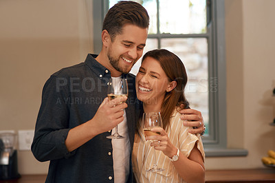 Buy stock photo Wine, toast and happy couple in a house with love, trust or celebration for birthday, anniversary or good news. Champagne, cheers or people in home party for real estate, success or investment growth