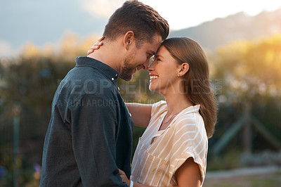 Buy stock photo Couple, happy and embrace at outdoor park for marriage anniversary with love, bonding or romance. Man, woman and nature sunset with smile for honeymoon travel in Australia forest, summer or vacation