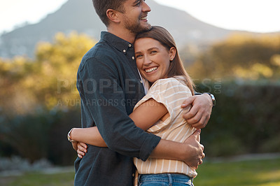 Buy stock photo Nature, happy and smile of couple with hug on outdoor date for romance, love and relationship. Man, woman and anniversary with embracing in commitment for bonding together in garden on holiday