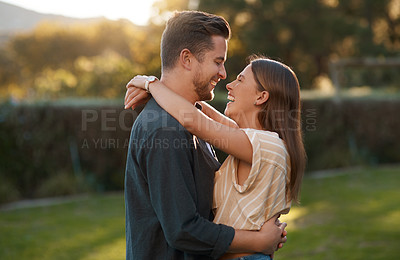 Buy stock photo Couple, hug and laughing in garden park for relationship funny joke with bonding, embrace or humor. Man, woman and happy at sunset for honeymoon travel in Australia with  loving, date or anniversary