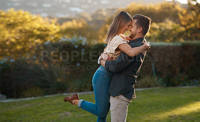 Buy stock photo Man, woman and excited hug in park for marriage anniversary for celebration, love or romance. Happy couple, pick up or lift embrace in backyard garden or partnership travel on vacation date in summer