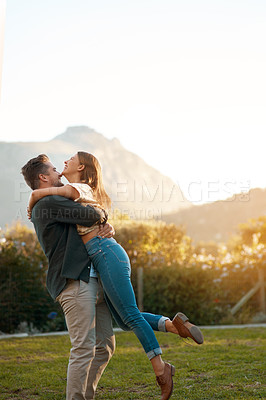 Buy stock photo Happy couple, carry and laughing in park for marriage anniversary or funny joke, love or romance. Man, woman and pick up with embrace in backyard for partnership travel on date, vacation or summer