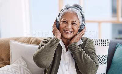 Buy stock photo Portrait, home and old woman with headphones, streaming music and smile with audio and listening to radio. Face, senior person and relax with pensioner and headset with podcast, sound and retirement