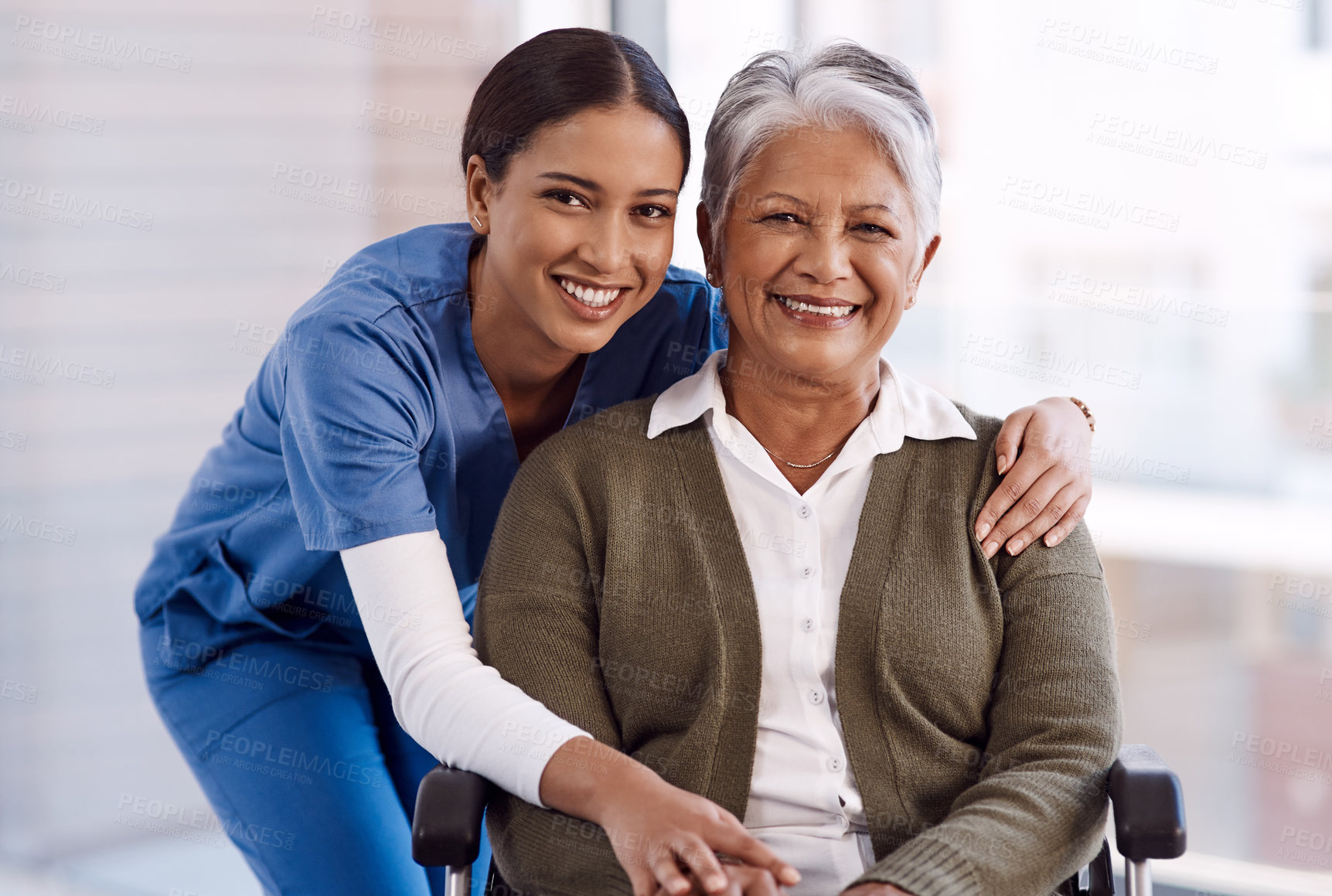 Buy stock photo Portrait, healthcare or disability with a nurse and old woman in a wheelchair during a nursing home visit. Smile, medical or retirement with a happy female medicine professional and senior client