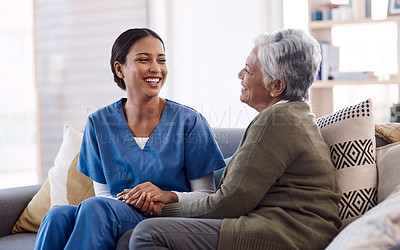 Buy stock photo Retirement, sofa and caregiver with senior woman for conversation, chatting and support in living room. Healthcare, nursing home and female nurse with elderly patient for wellness, comfort and help