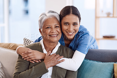 Buy stock photo Portrait, happy and nurse hug old woman in retirement house, bonding and medical care. Face, hugging and elderly person with caregiver in nursing home on living room sofa for health, support or help.