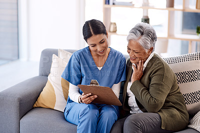 Buy stock photo Nurse, clipboard and senior woman with insurance for home and support with a smile on a couch. Nursing professional, documents and elderly person with caregiver for medical help for retirement.