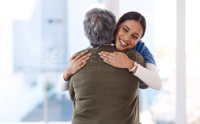 Buy stock photo Healthcare, hug and nurse with senior woman, care and diagnosis with positive news, help and happiness. Female person, employee or medical professional with patient, lady and embrace for consultation