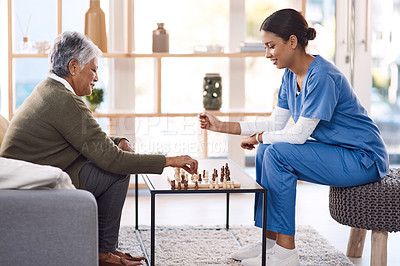 Buy stock photo Caregiver, chess or old woman in nursing home for healthcare, problem solving skills or mental health recovery. Relaxing, nurse or focused mature patient thinking of solution or playing board games 
