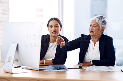 Buy stock photo Mentor, training or business women with computer talking, speaking or planning a project in office. Technology, teamwork collaboration or senior manager explaining to an intern for digital coaching