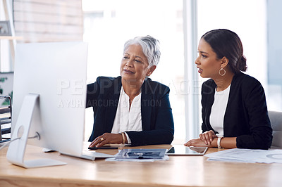 Buy stock photo Mentor, coaching or business women with computer talking, speaking or planning a project in office. Technology, teamwork collaboration or senior manager explaining to an intern for digital training