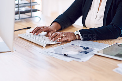 Buy stock photo Hands, business and woman with keyboard, typing and reply to email with connection and professional. Computer, corporate and employee with feedback for project and review with company website update