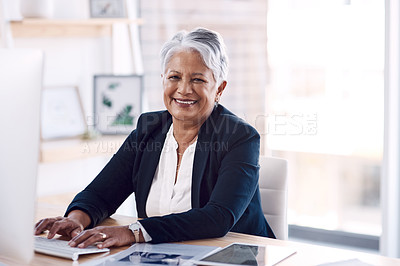 Buy stock photo Portrait, computer and management with a business woman or CEO working in her corporate office. Vision, professional and leadership with a senior female manager at work typing an email or proposal
