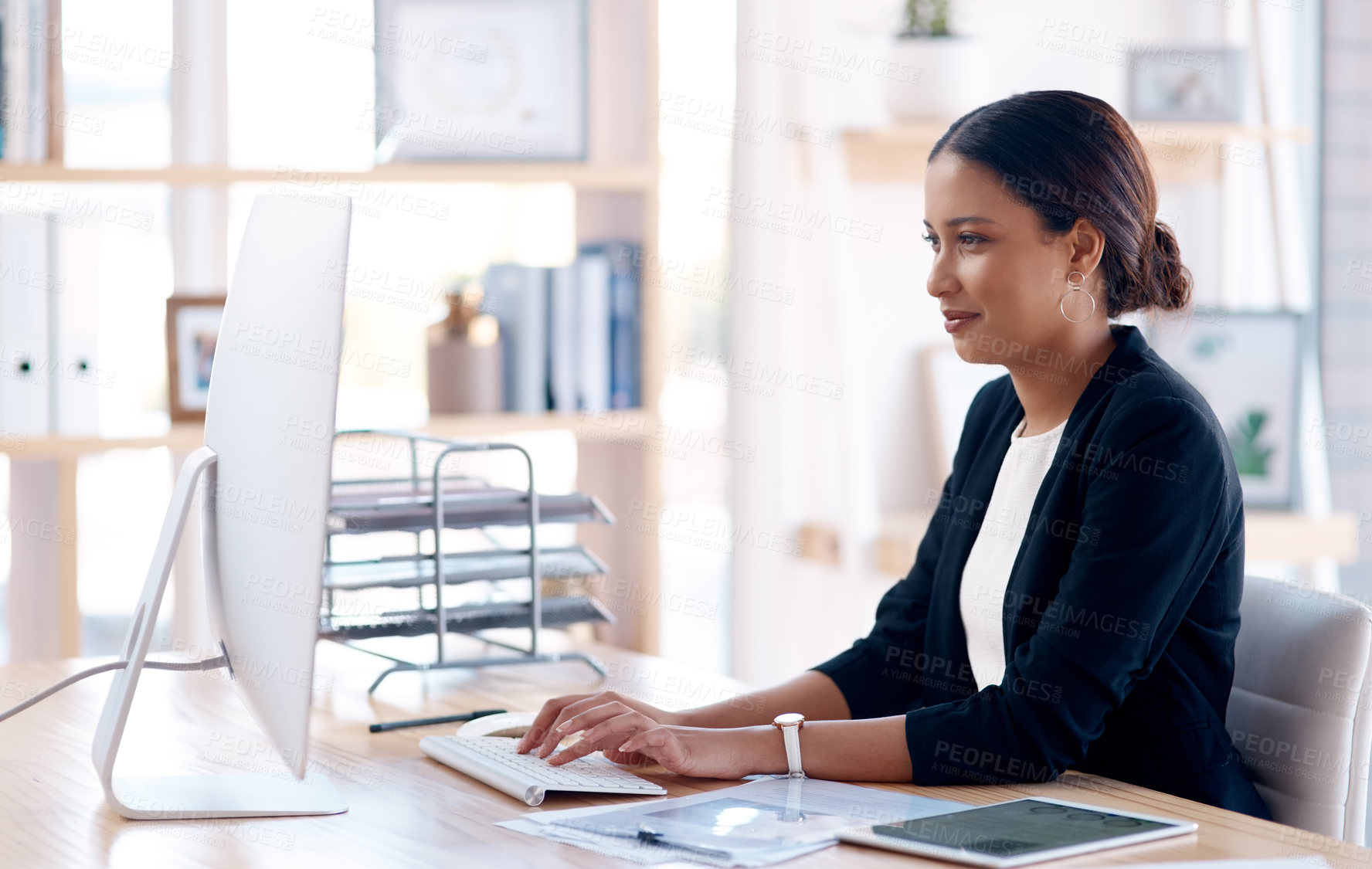 Buy stock photo Business woman, computer and typing with keyboard for email, communication or research at office. Female person, accountant or young employee working with documents on technology for online search