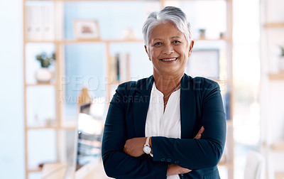 Buy stock photo Portrait, business and woman with arms crossed, smile and accountant in modern office or investor. Mature, person and employee with pride for career or affirmative action with opportunity or broker