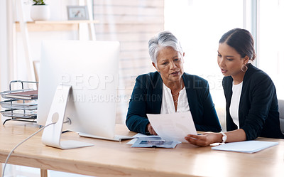 Buy stock photo Mentor, coaching or business women with paperwork talking, speaking or planning project in office. Documents, teamwork collaboration or senior manager reading with intern for administration training