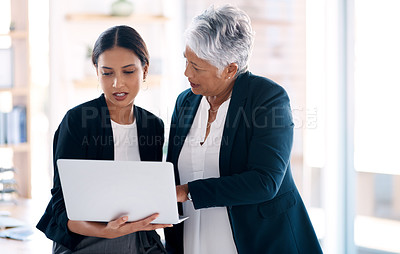 Buy stock photo Teamwork, mentor and business women with laptop for discussion, cooperation and planning online. Computer, collaboration and senior manager with female accountant for training, coaching or internship