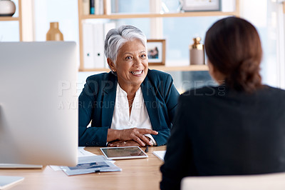 Buy stock photo Meeting, talking or senior manager in job interview with business women in b2b negotiation discussion. Partnership collaboration, recruitment or lady speaking to hr management for hiring opportunity