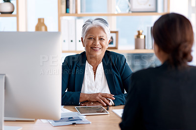Buy stock photo Meeting, recruitment or senior manager in job interview with business women talking in b2b negotiation. Partnership, collaboration or person speaking to happy hr management for hiring opportunity