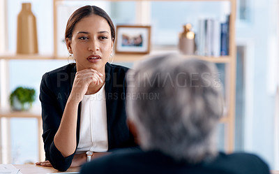Buy stock photo Meeting, recruitment or manager in job interview with businesswoman talking in b2b negotiation. Partnership collaboration, listen or person speaking to hr management for hiring opportunity in office