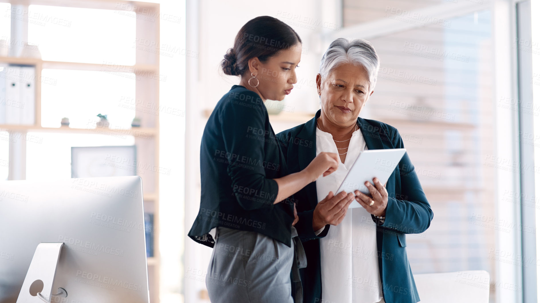 Buy stock photo Collaboration, mentor and business women with tablet for discussion, cooperation and planning. Technology, teamwork and senior manager with female accountant, training intern and coaching in office.