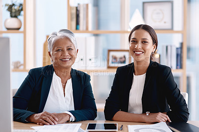 Buy stock photo Teamwork, corporate or portrait of women working on a project together in collaboration or modern office. Diversity, smile  or happy business people planning a company b2b strategy in the workplace