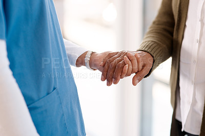 Buy stock photo Empathy, holding hands and senior man with nurse in retirement home for support, care and healing. Kindness, sorry and homecare worker with elderly patient for trust,  comfort or physiotherapy help