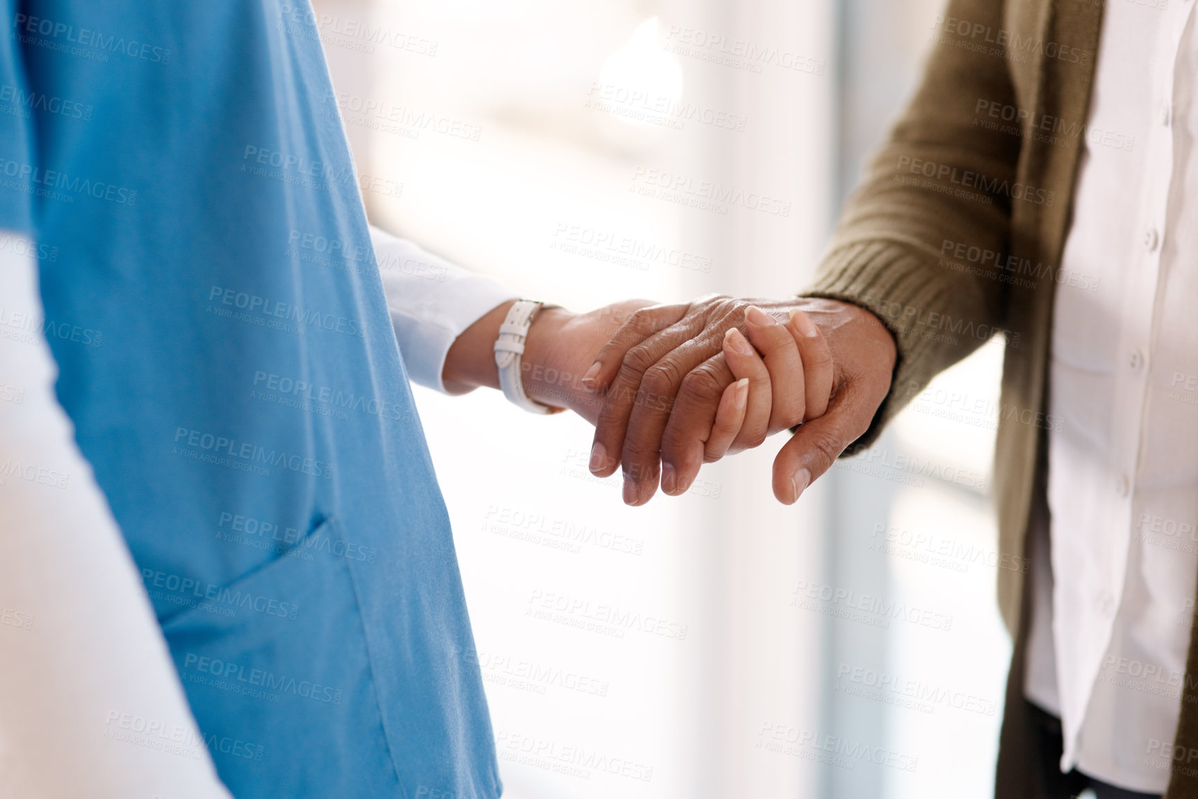 Buy stock photo Empathy, holding hands and senior man with nurse in retirement home for support, care and healing. Kindness, sorry and homecare worker with elderly patient for trust,  comfort or physiotherapy help