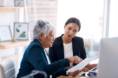 Buy stock photo Mentor, training or business women with documents talking, speaking or planning project in office. Paperwork, teamwork collaboration or senior manager reading with intern for administration coaching 