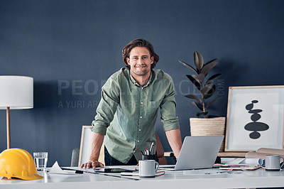 Buy stock photo Businessman, architect and portrait with laptop in office for remodeling ideas and building design research. Engineering, employee and person with technology, happy and online for project management