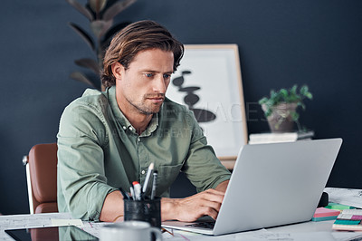 Buy stock photo Laptop, research and architect man in office for building, design or infrastructure idea inspiration. Computer, consulting and engineer online for construction model, information or b2b networking