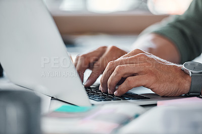 Buy stock photo Research, typing and hands of man on laptop for article, review or online report for business development. Computer, networking and person writing email, feedback and planning with notes in office.