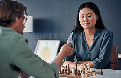 Buy stock photo Board game, chess or business people in office for thinking, planning or movement strategy. Work, partnership or friends in workplace for brain, learning or creative visual problem solving solution