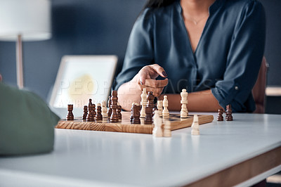 Buy stock photo Board game, chess or business hands in office for thinking, planning or movement strategy. Work, partnership or friends in workplace for brain, learning or creative visual problem solving solution