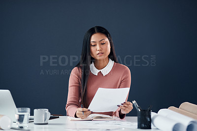 Buy stock photo Architecture, paper and Asia woman with ideas, blueprint and planning for creative building development. Research, reading and female architect with documents, notes and inspiration in modern office.